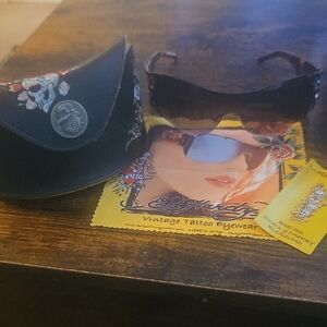Ed Hardy Black Sunglasses with Embroidered Case